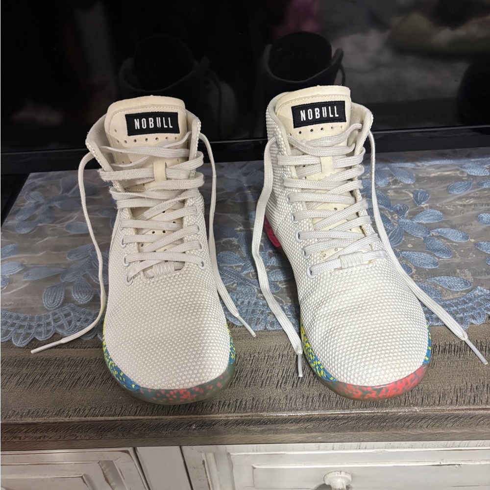 NOBULL Off-White Knit High-Top Sneakers with Multicolor Speckled Soles